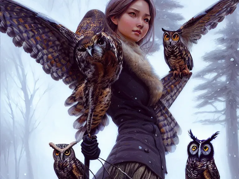 Image similar to a beautiful and aesthetic huntress with big owl on the winter valley, toward to the camera, hunting the monsters, cynical, dramatic pose, intricate, highly detailed, detailed face, smooth, sharp focus, environmental light, rim light, artgerm, artstation, greg rutkowski, ilya kuvshinov, rossdraws, fantasy illustration