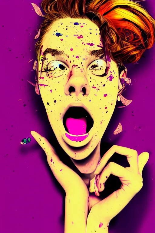 Prompt: girl screamin yolo - aesthetic, smooth painting, remove, each seeds detail, 4 k, illustration, comical, acrylic paint style, pencil style, torn cosmo magazine style, pop art style, ultrarealism, by mike swiderek, jorge lacera, ben lo, tyler west