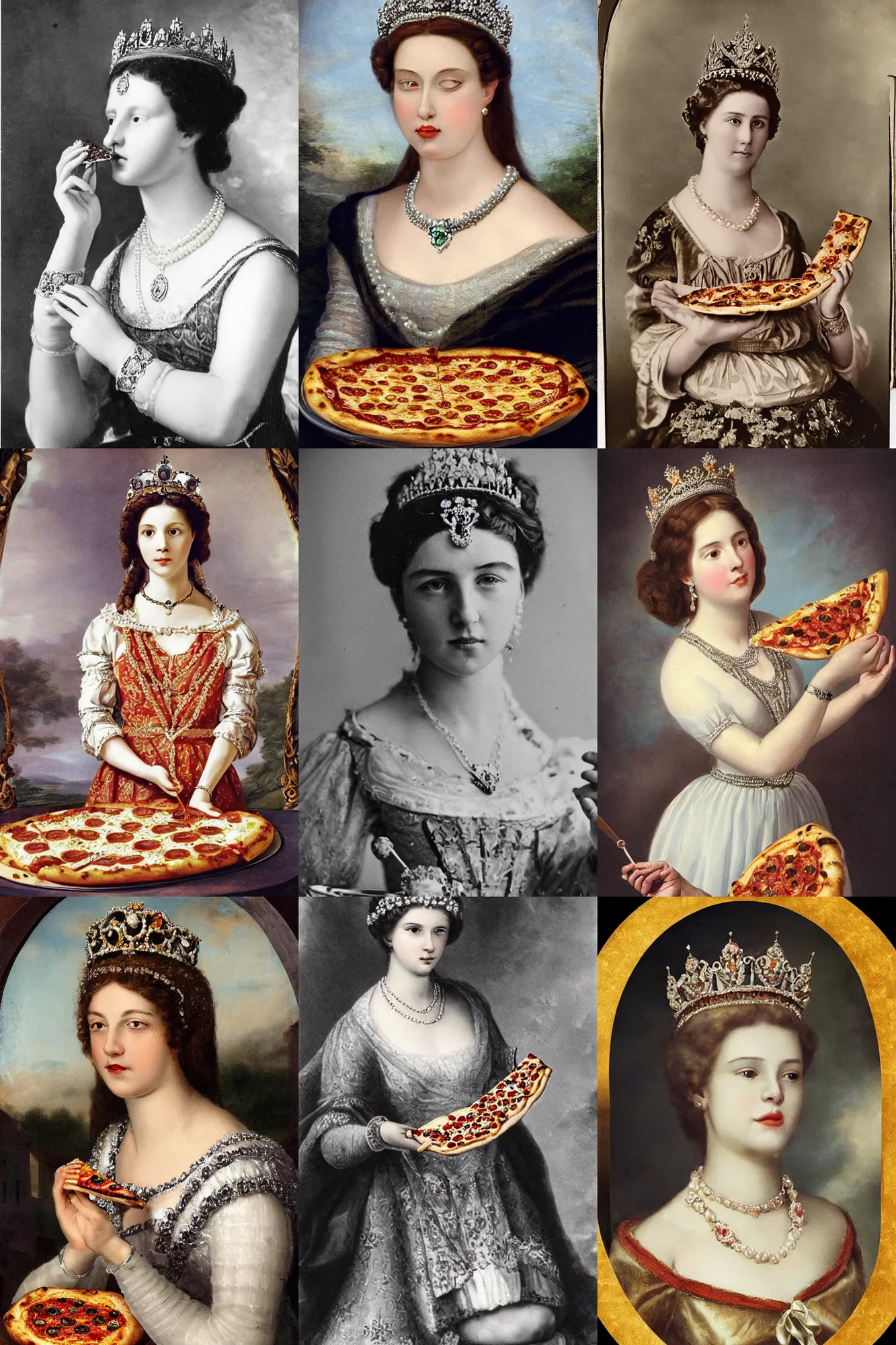 Prompt: a historical photo of young beautiful queen margherita of italy, eating a pizza margherita with her hands, intricate detailed tiara, pearl necklace, hand colored photo, smooth lighting, masterpiece, perfect symmetry