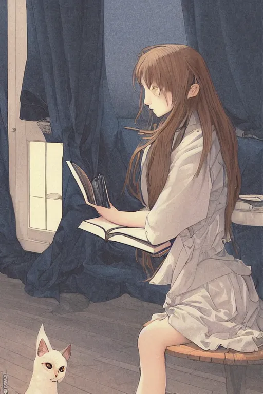 Prompt: a digital painting of a girl reading a book with a cat in A comfortable study room at night,blue and grey theme,JK uniform ,Hairdryer,blue theme,S line, by krenz cushart and mucha and range murata