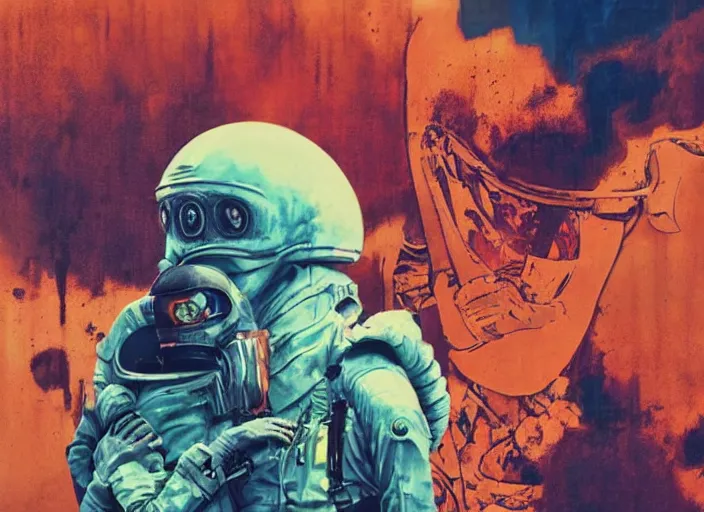 Prompt: still from the tv series chernobyl, attack on titan by francis bacon, surreal, norman rockwell, greg hildebrandt, triadic color scheme, by greg rutkowski, exotic vegetation, tristan eaton, victo ngai, complimentary color, pink and blue and orange, a still from the film alien, beksinski, hyperrealism