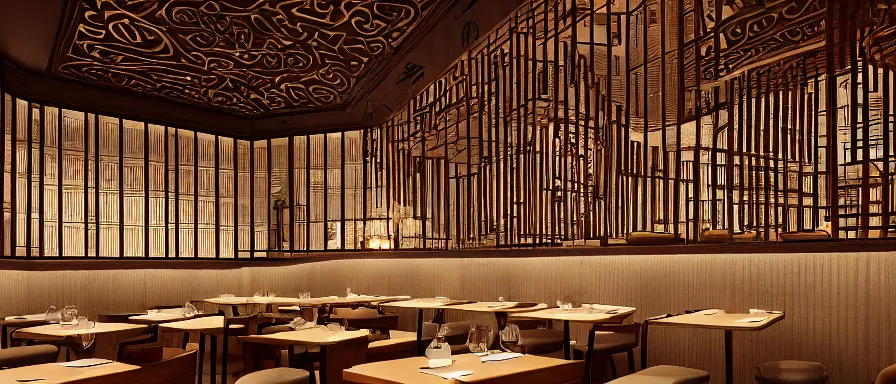 Prompt: a beautiful hyperdetailed interior render of roasted string hotpot restaurant restaurant yan'an, wall corner, from china, with merchant logo, fine delicate structure, chinese style, simple composition, simple style structure decoration design, victo ngai, 4 k hd