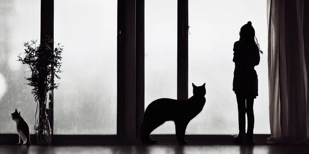 Image similar to silhouette of a girl and her cat, looking out a window on a rainy day, inside a cozy apartment, with a city view. atmospheric, moody, cozy, rainy day, backlit, multiple colors