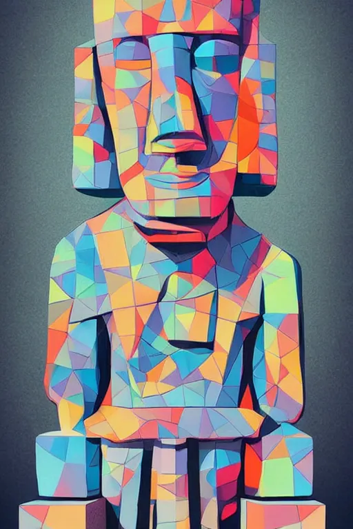 Image similar to cubist moai statue cutout digital illustration cartoon colorful beeple