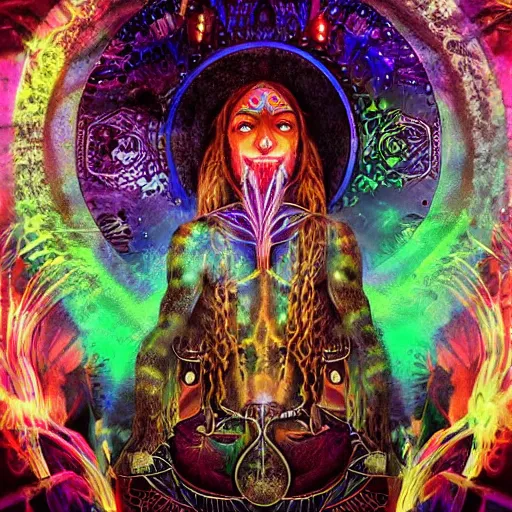Image similar to magical shaman smoking DMT and meeting interdimensonal beings who share with him the akashic records hyperdetailed 4k very intriguing and mystical surrealism