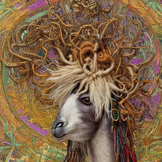 Prompt: llama with dreadlocks, detailed, by ernst haeckel, james jean, el anatsui, mandy jurgens, alphonse mucha, maxfield parrish