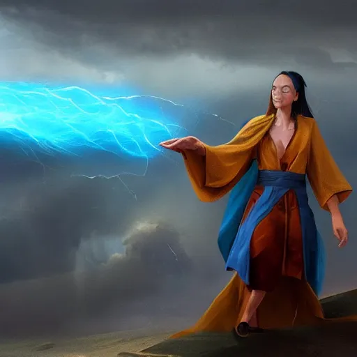 Image similar to Mage wearing blue robes summoning a Tornado, matte painting, cinematic, Artstation