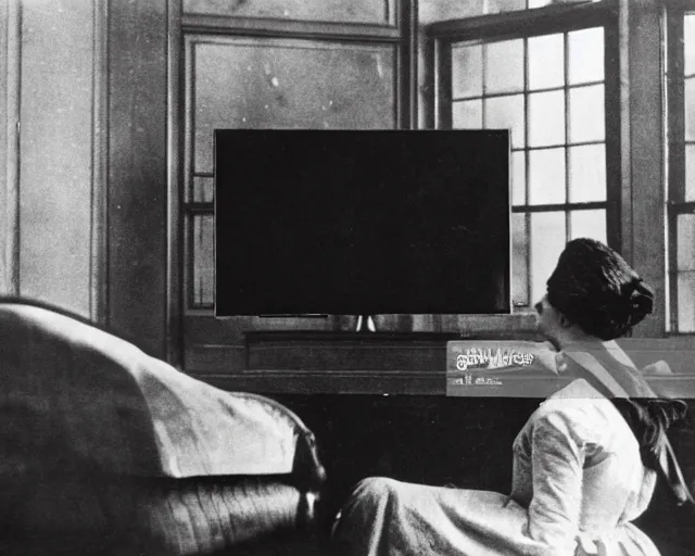 Image similar to 1 9 0 0 s photo of a person watching a flat screen hd tv