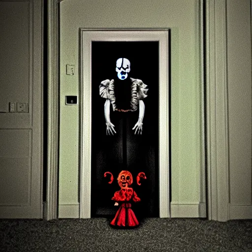 Prompt: scary pennywise on low resolution ring door camera, nightvision