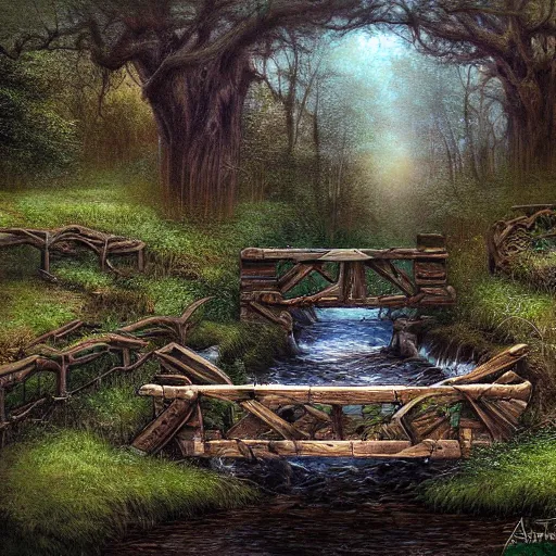 Prompt: old rickety bridge over a stream within a dark dying forest, high resolution, highly detailed, dark fantasy, by anne stokes, digital art