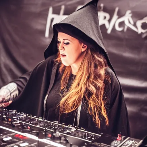 Image similar to a witch wearing a dark hooded cloak on the dj decks