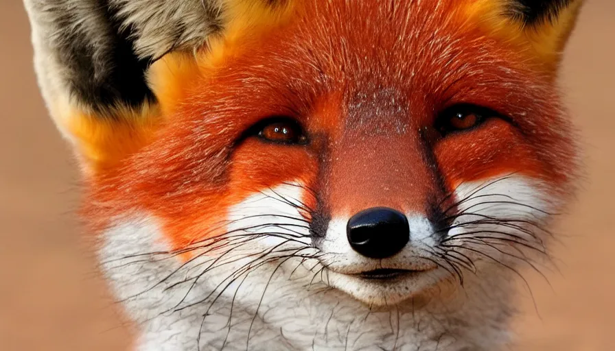 Prompt: a little fox with a french hat walking on mars, closeup.