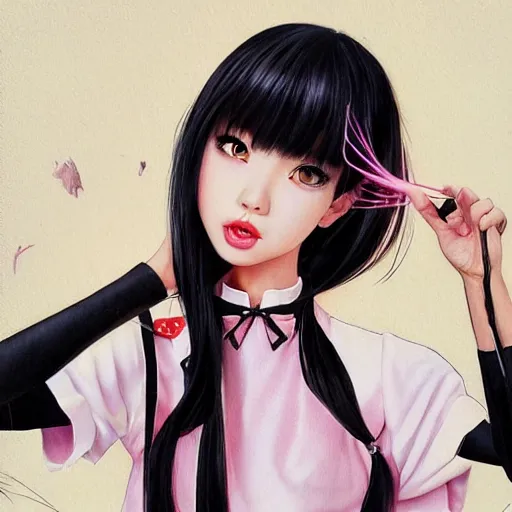 Image similar to realistic detailed semirealism beautiful gorgeous cute Blackpink Lalisa Manoban wearing Japanese school uniform, black hair black cat ears, black leather choker, proportional body, WLOP, Aztodio, Taejune Kim, sakimichan, ArtGerm, Pixiv, Instagram, Artstation