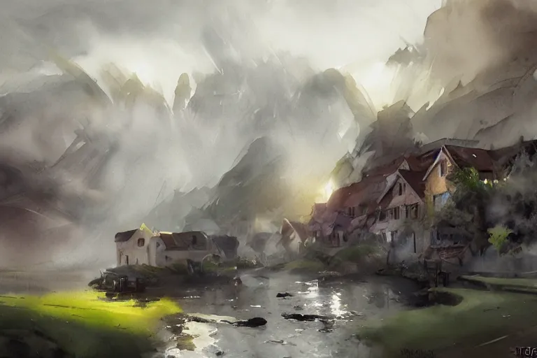 Prompt: paint brush strokes, abstract watercolor painting of rustic village, mill, viking age, fog, ambient lighting, art by hans dahl, by jesper ejsing, art by anders zorn, wonderful masterpiece by greg rutkowski, cinematic light, american romanticism by greg manchess, creation by tyler edlin