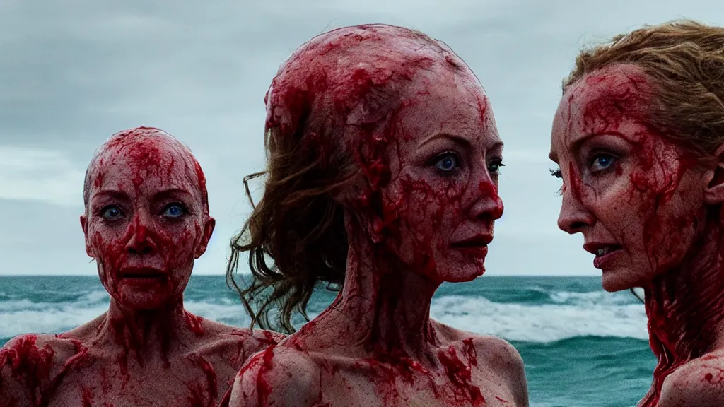 Prompt: close up photo of Helen McCrory and Annabelle Wallis coming out of the ocean, extreme detailed face, a blood portal on the background, film still from the movie directed by Denis Villeneuve with art direction by Zdzisław Beksiński, wide lens