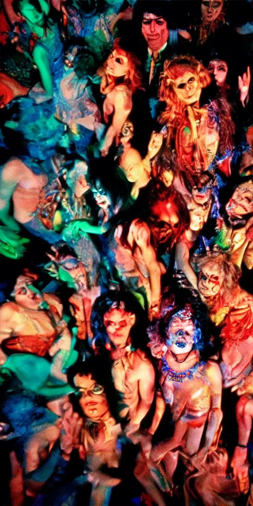 Image similar to wild occult underground carnival dance scene from a 7 0's movie by chris cunningham, kenneth anger and alejandro jodorowsky : : technicolor color scheme, close - up of the actors'faces : : cinestill 8 0 0 tungsten 3 5 mm, high quality, triadic color scheme, 8 k