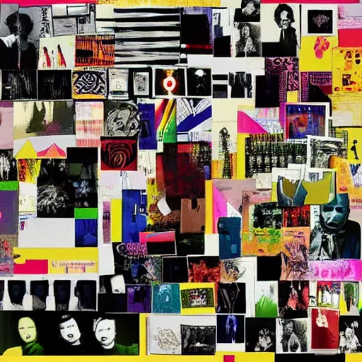 Image similar to Collage, color by Radiohead, Thom Yorke (Thom Yorke), Jonny Greenwood (Jonny Greenwood), Colin Greenwood (Colin Greenwood), Ed O'Brien (Ed O'Brien), Philip Selway (Philip Selway), by Stanley Donwood