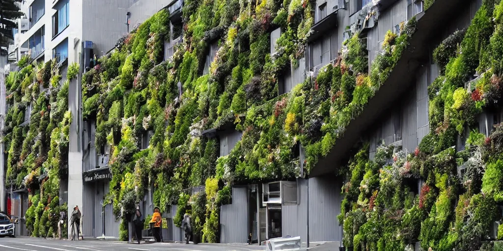 Image similar to a new zealand city street where every building is covered in living walls made of nz native plants