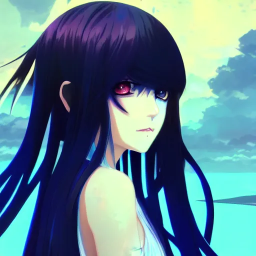 Image similar to gold eyes, long blue hair, anime girl, bangs, gothic, anime character, noir, screenshot, anime, sharp focus, intricate, illustration, cell shaded, digital painting, highly detailed, concept art, matte, art by ilya kuvshinov, wlop, greg rutkowski, studio quality, james jean, artem demura