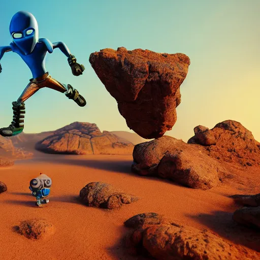 Prompt: A rocky desert scene with a little blue alien boy being chased by a little chrome flying machine, 4K UHD, wallpaper, trending on artstation and behance and pixiv