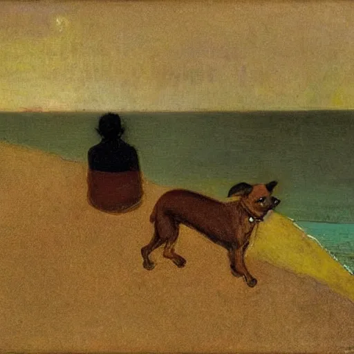 Image similar to a woman and her black and brown chihuahua looking out to sea by odilon redon