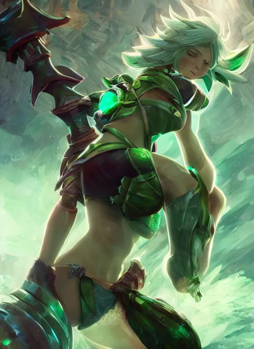 Image similar to riven from league of legends, au naturel, fighting with green sword, hyper detailed, digital art, trending in artstation, cinematic lighting, studio quality, smooth render, unreal engine 5 rendered, octane rendered, art style by klimt and nixeu and ian sprigger and wlop and krenz cushart