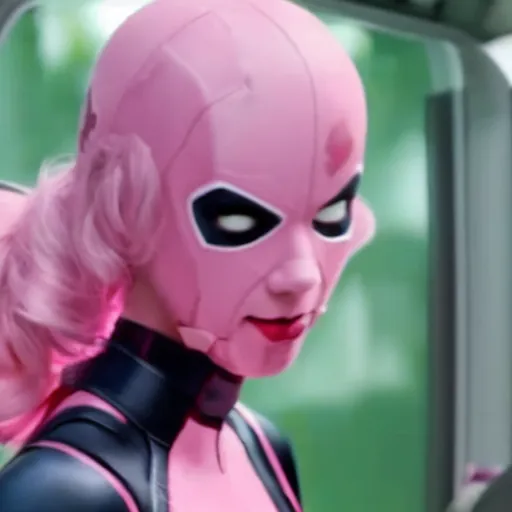 Image similar to A still of Gwenpool in Deadpool 3 (2023), no mask, blonde hair with pink highlights