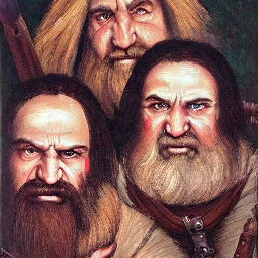 Image similar to Realistic, portrait, three Dwarf Brothers, dungeons and Dragons, medieval painting