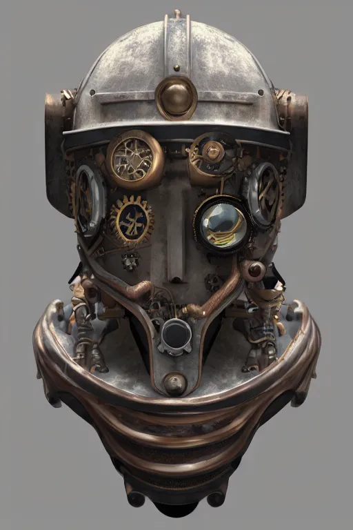 Image similar to steampunk mask minimalist fantasy art robot ninja helmet, global illumination ray tracing hdr fanart arstation by sung choi and eric pfeiffer and gabriel garza and casper konefal radiating a glowing aura