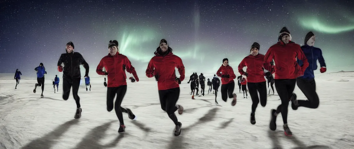 Image similar to a creepy dimly lit hyper detailed photo realistic vivid close up photograph of a group of six people running at night in antarctica running through mcmurdo station base screaming oh my god terror shadows evil darkness aurora borealis