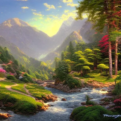 Prompt: A large picturesque mountain with a river flowing between them by Thomas Kinkade