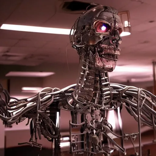 Image similar to the torso of a terminator with borg implants and a human face is hanging from cables and wires off the ceiling of an futuristic abandoned computer lab and plugged into a quantum computer. bottom half of the terminator's body is missing with cables sticking out. The Terminator is taking a sip from a cup of coffee. Tiny green led lights in the terminator's cybernetics. very detailed 8k. Cyberpunk horror style.