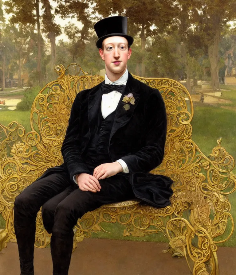 Prompt: Beautiful!! portrait of Mark Zuckerberg as an Edwardian dandy wearing a Velvet suit and a Top Hat on a park Bench painted by Alphonse Mucha and arnold böcklin and Maxfield Parrish, hyperrealistic oil painting trending on artstation 8k