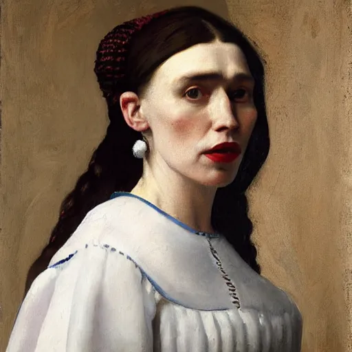 Prompt: detailed portrait of jacinda ardern as an 1890s milkmaid painted by vermeer