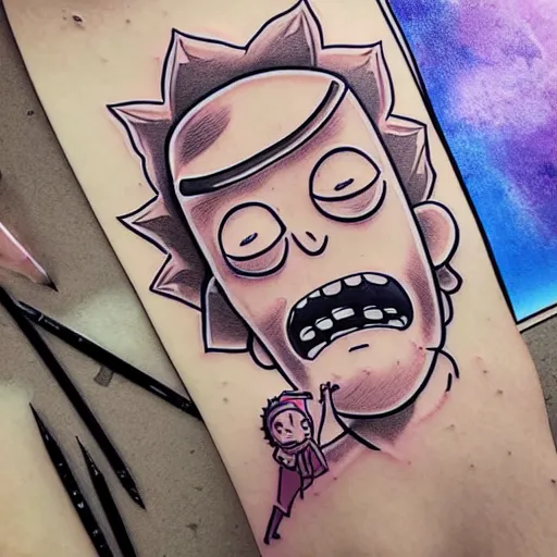 Image similar to tattoo design, stencil, portrait of rick and morty by artgerm