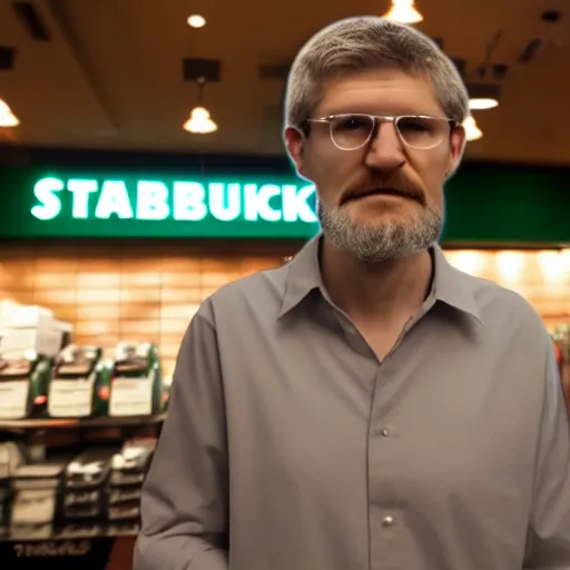 Image similar to ted kaczynski working at starbucks, 4 k, hyper realistic, dslr, landscape, high resolution