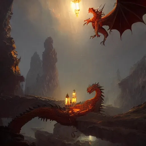 Prompt: Concept art, beautiful painting of a dragon, shining its light among lanterns and fireflies, 8k, james gurney, greg rutkowski, john howe, artstation