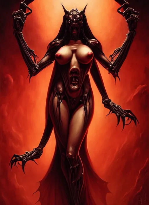 Image similar to masterpiece, vampiric succubus girl concept art, stylized, doom, elegant, imperial, epic, intricate art by artgerm, boris vallejo, h. r. giger, greg rutkowski, josan gonzalez, zdizslaw beksinski, biomechanical, crimson darkness, hellscape, art nouveau