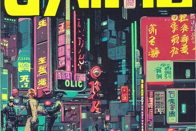 Image similar to 1979 OMNI Magazine Cover of a police stopping a downtown convenience store robbery in neo-Tokyo in cyberpunk style by Vincent Di Fate