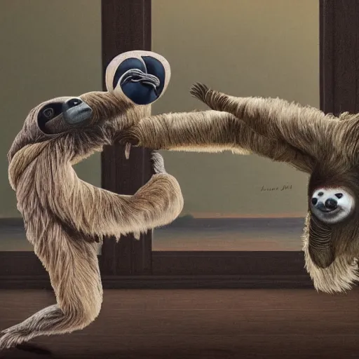 Image similar to painting of a sloth vs pigeon kung fu style in a dojo, facing each other, aggressive sloth vs a muscled pigeon, best photo award, high quality 8 k, cinematic lighting, painting by kusama, high detail, realism : 9 5 %