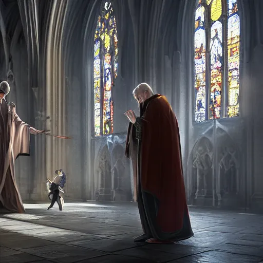 Image similar to angel protecting man who is praying inside a gothic church by Stanley Artgerm Lau, WLOP, Rossdraws, James Jean, Andrei Riabovitchev, Marc Simonetti, Yoshitaka Amano, ArtStation, CGSociety, highly detaild 4K, cinematic style, studio light