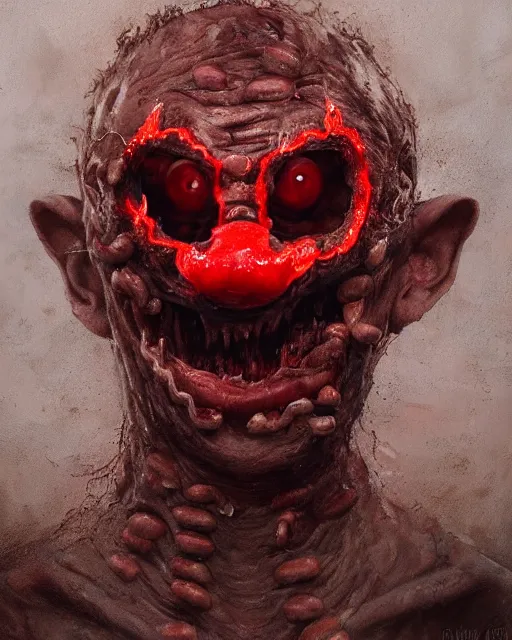 Prompt: Haunting horrifying detailed painting of a man made of sausages, rotten teeth and glowing red eyes, black eye shadow, hyper detailed, trending on Artstation