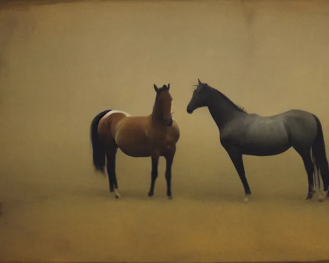 Prompt: a blurry photo of two horses in a field, a cave painting by Richter, deviantart, figurative art, multiple exposure, calotype, genderless