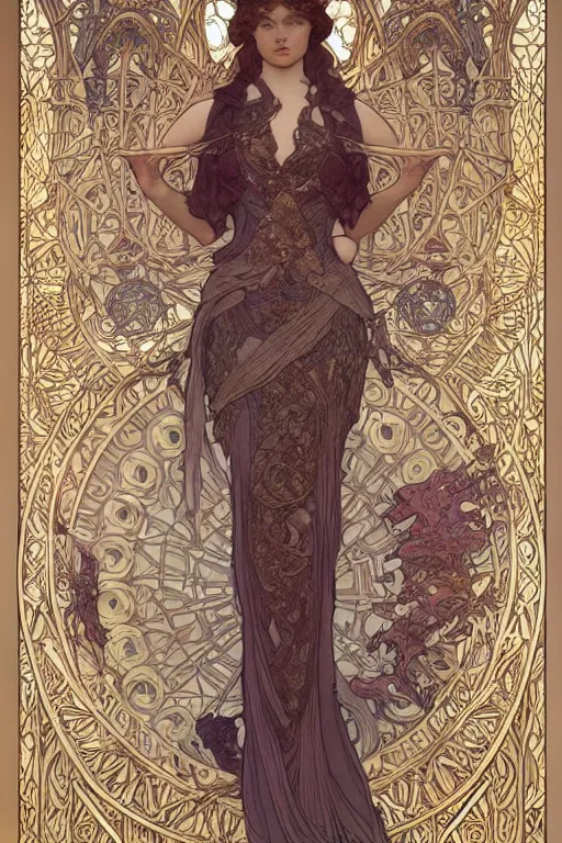 Image similar to full - body artwork, cattie - brie of mithril hall, andreas rocha, greg rutkowski. art nouveau neo - gothic sculpture by mucha. swirly intricate gilded linework background. gaudy colors, sharp edges. ultra clear detailed. 8 k. elegant. octane render