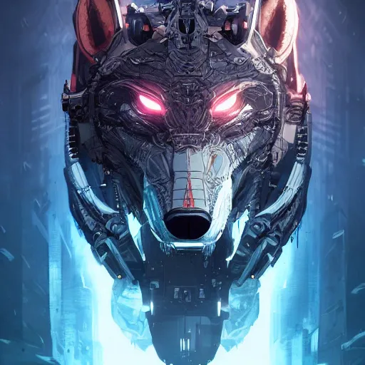 Image similar to an angry cyborg wolf apex predator. robotic parts, mech, intricate, epic lighting, cinematic composition, hyper realistic, 8 k resolution, unreal engine 5, by artgerm, tooth wu, dan mumford, beeple, wlop, rossdraws, james jean, marc simonetti, artstation