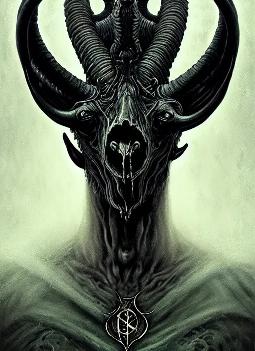 Image similar to elden ring themed undead baphomet goat icon tarot card portrait, malevolent gaze, doom aesthetic, religious, sinister, ornate, intricate, beautifully backlit, subtle tones, digital painting, concept art, smooth, sharp focus, illustration, art by josan gonzalez, greg rutkowski, killian eng and zdizslaw beksinski