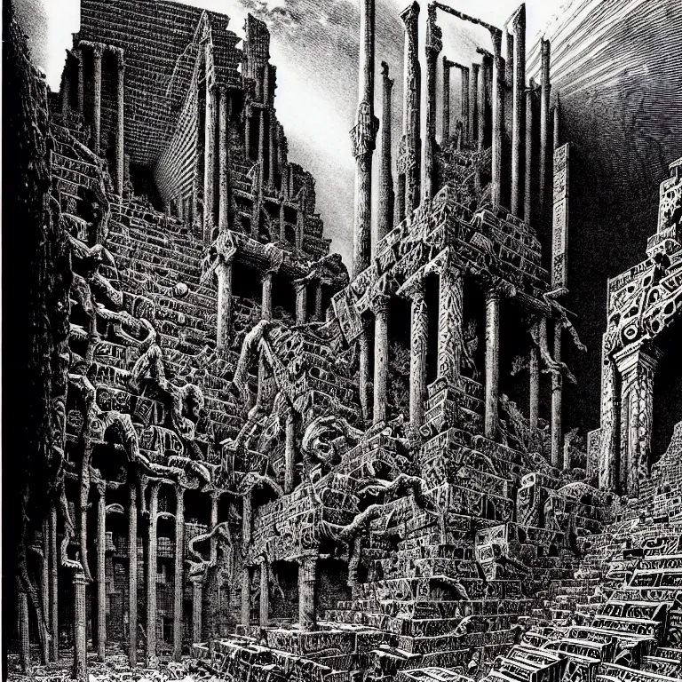 Image similar to the ruins of babylon. extremely high details, perfect face, black and white, masterpiece, magnum opus engraving by gustave dore, jean giraud, philippe druillet