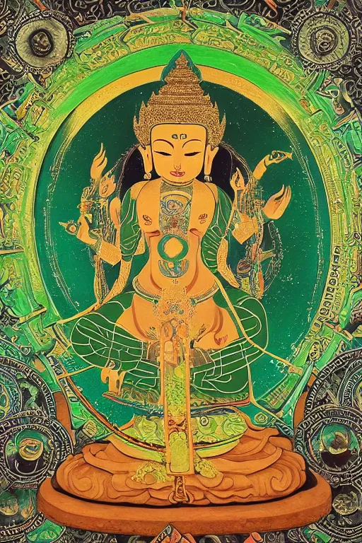 Prompt: A very Beautiful Green Tara portrait, a geometric figure representing the universe in tibet and Buddhist symbolism, Shine in of the Mandala background by H. R. Giger,portrait,ཐང་ཀ་,ཛཾ་བྷ་ལ།,symmetrical, 8k resolution, photorealistic, high detail ,Unreal Engine, Trending on artbreeder. Green color scheme