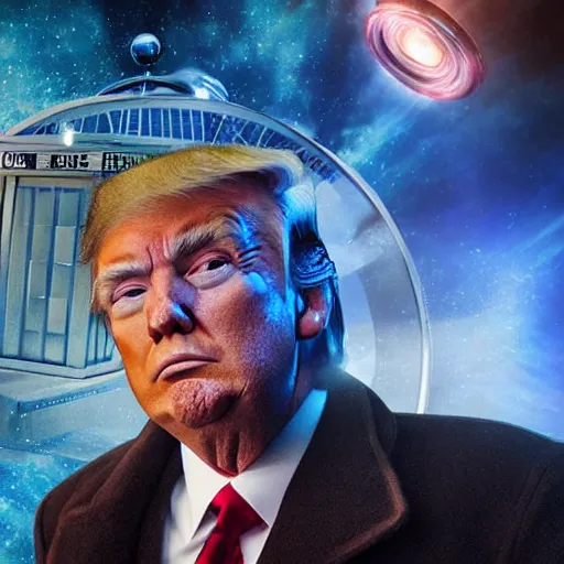 Image similar to a beautiful photograph of donald trump as'doctor who ', time vortex in the background, detailed face, symmetrical face, extreme realism and detail, 8 k, completely framed, direct lighting, 3 5 mm photo, photorealistic, sharp focus