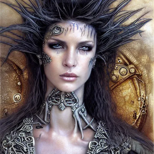 Image similar to an award finning closeup facial portrait by luis royo and john howe of a bohemian female cyberpunk traveller clothed in excessively fashionable 8 0 s haute couture fashion and wearing ornate art nouveau body paint